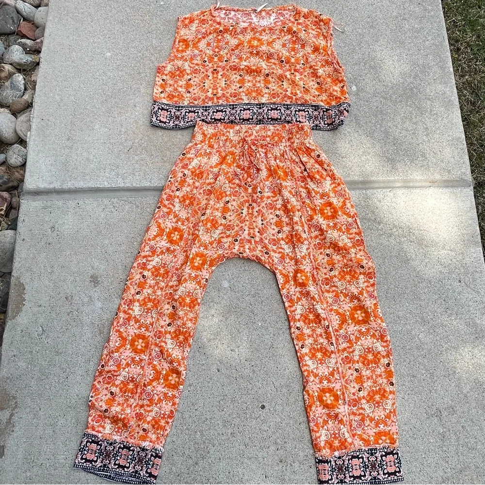 Free People Make My Day Tapestry Lounge Set Orange Top Harem Pants Boho Hippie S - Picture 2 of 12